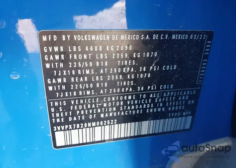 2022 Volkswagen Taos 1.5T Se z USA, uszkodzony, nr VIN 3VVPX7B29NM062522